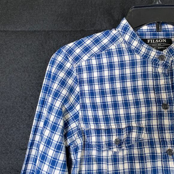 C.C Filson Mens Shirt Blue White Plaid Long Sleeve Button Down 100% Cotton XS - Picture 4 of 13